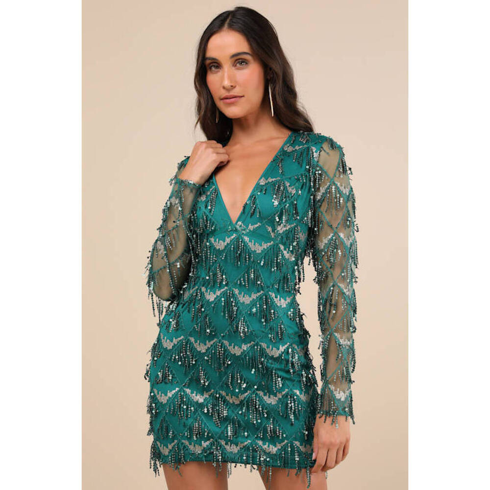 Lulus Playful Composure Green Fringe Sequin Mini Dress - Size XL